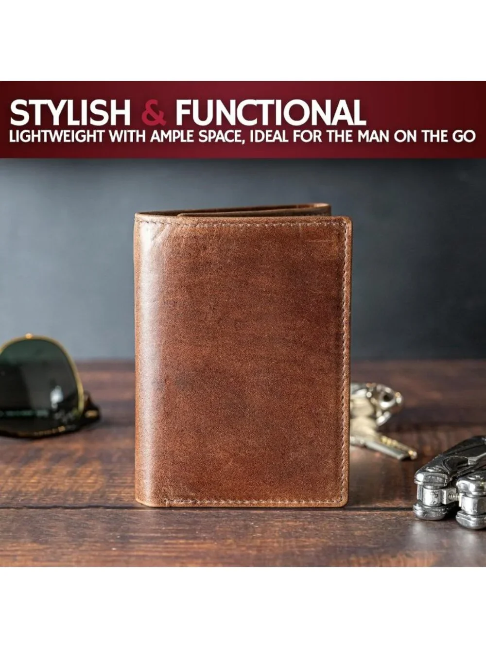 Grizzly Brown Leather Trifold Wallet for Men - RFID Blocking, ID Holder, Great